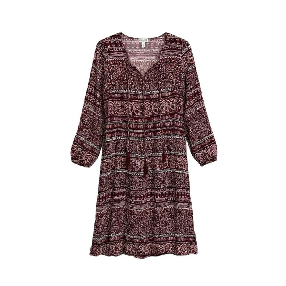 Luxology Women's Burgundy Paisley Print Bohemian Tassel Tie-Neck Dress large /00